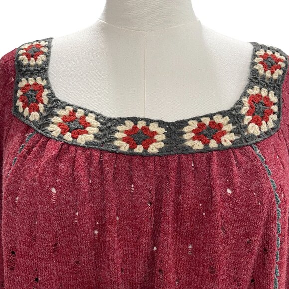 Burgundy Crochet Trim Peasant Tunic Top Maverick The Collection Oversized S - Picture 7 of 12